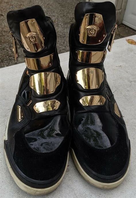 versace medusa gold plate black leather high-top sneakers|Versace platform medusa.